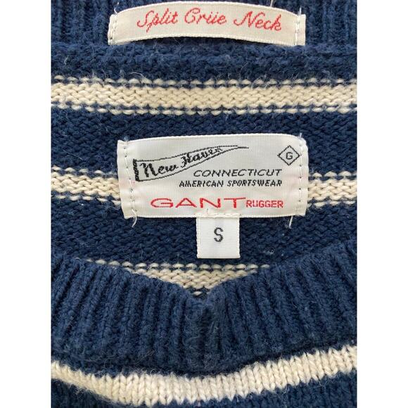 Vintage Gant Rugger Size S Blue Cream Striped Split Crue Neck Pullover Sweater - Picture 6 of 7
